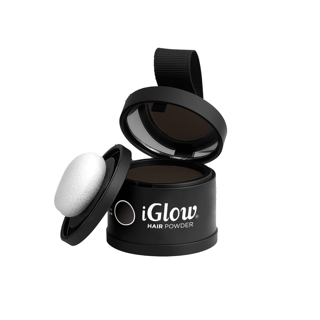 iGlow Hair Powder – Dark Brown compact and applicator