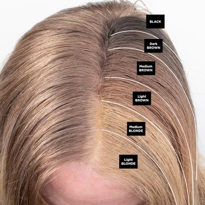 iGlow Hair Powder shade guide showing all six shades; this product is Dark Brown